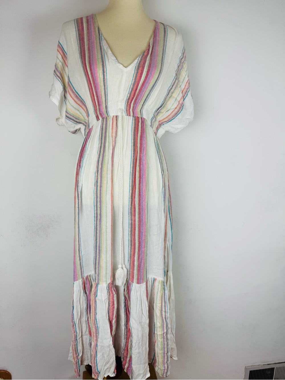 Elan White Maxi Dress with Multi-Color Vertical Stripes
